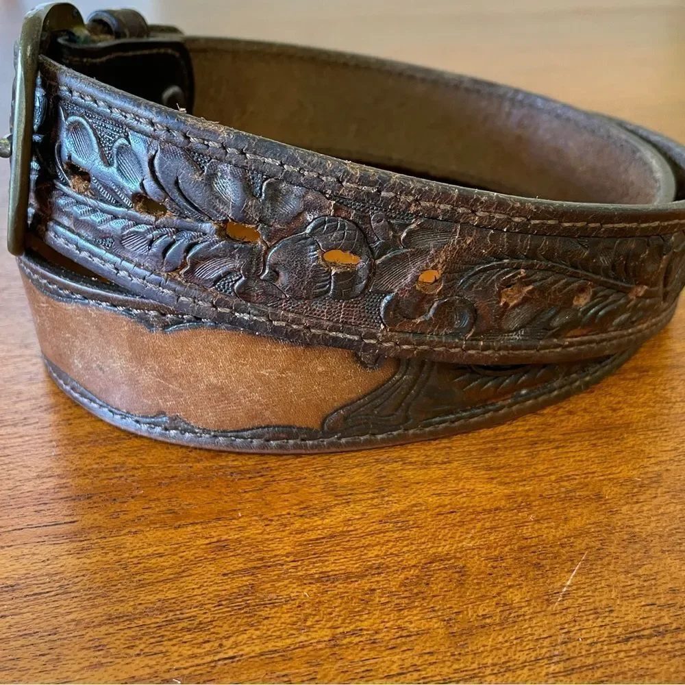 Vintage Chambers Embossed Leather Belt With Acorns and Leaves Brown Tan